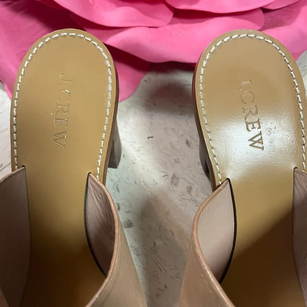 J CREW Nude/Beige MARLOW Leather Block Heeled Open‎ Toe Mules Sandals